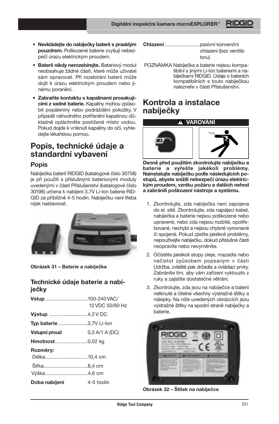 Popis, technické údaje a standardní vybavení, Kontrola a instalace nabíječky, Popis | Technické údaje baterie a nabí- ječky | RIDGID micro EXPLORER User Manual | Page 320 / 449