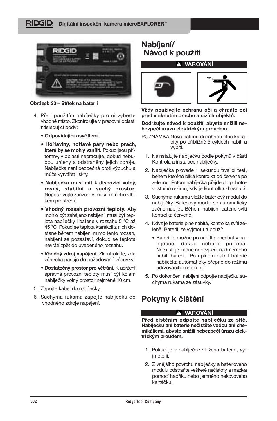 Nabíjení/ návod k použití, Pokyny k čištění | RIDGID micro EXPLORER User Manual | Page 321 / 449