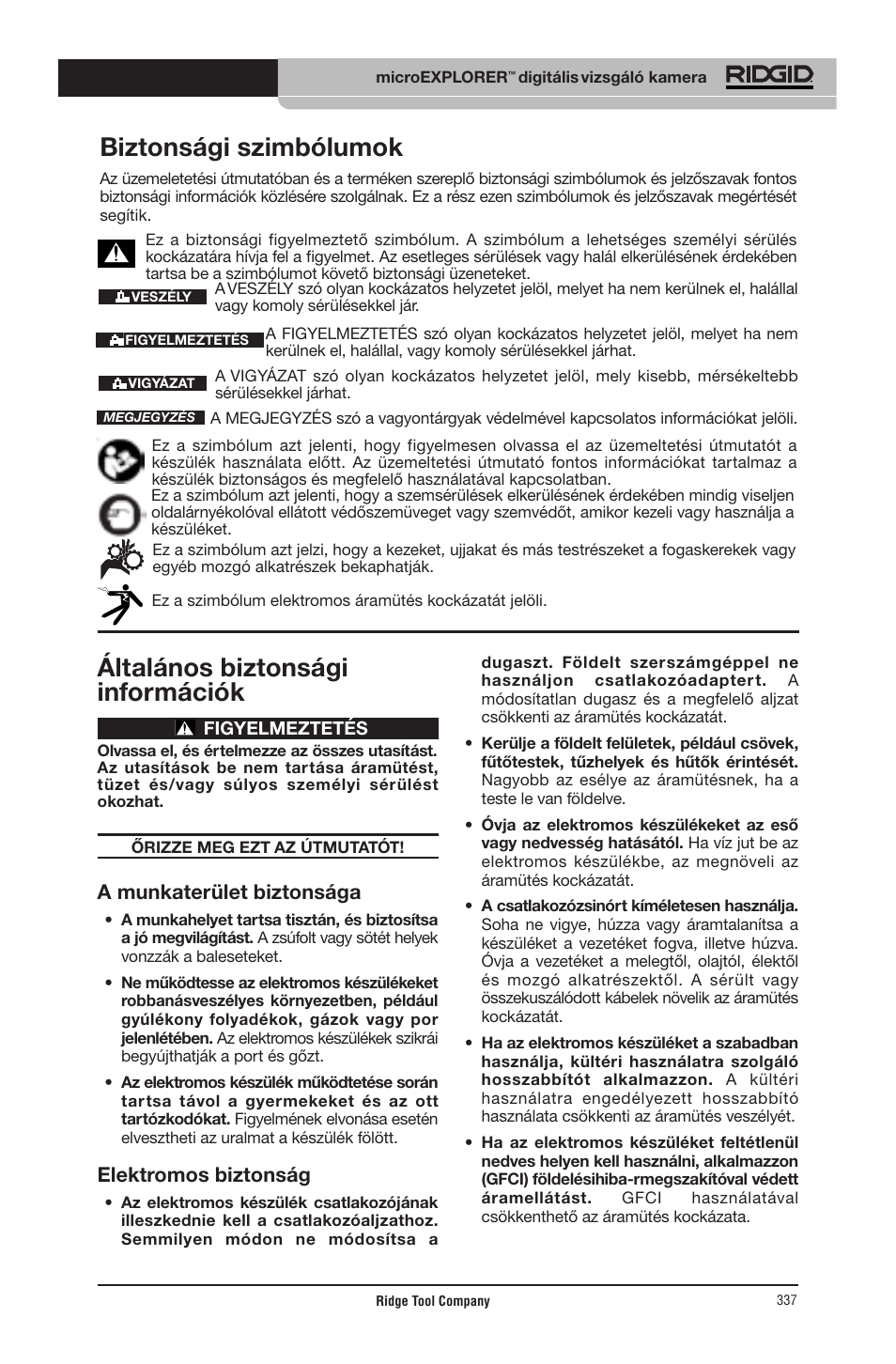 Általános biztonsági információk, Biztonsági szimbólumok, A munkaterület biztonsága | Elektromos biztonság | RIDGID micro EXPLORER User Manual | Page 325 / 449