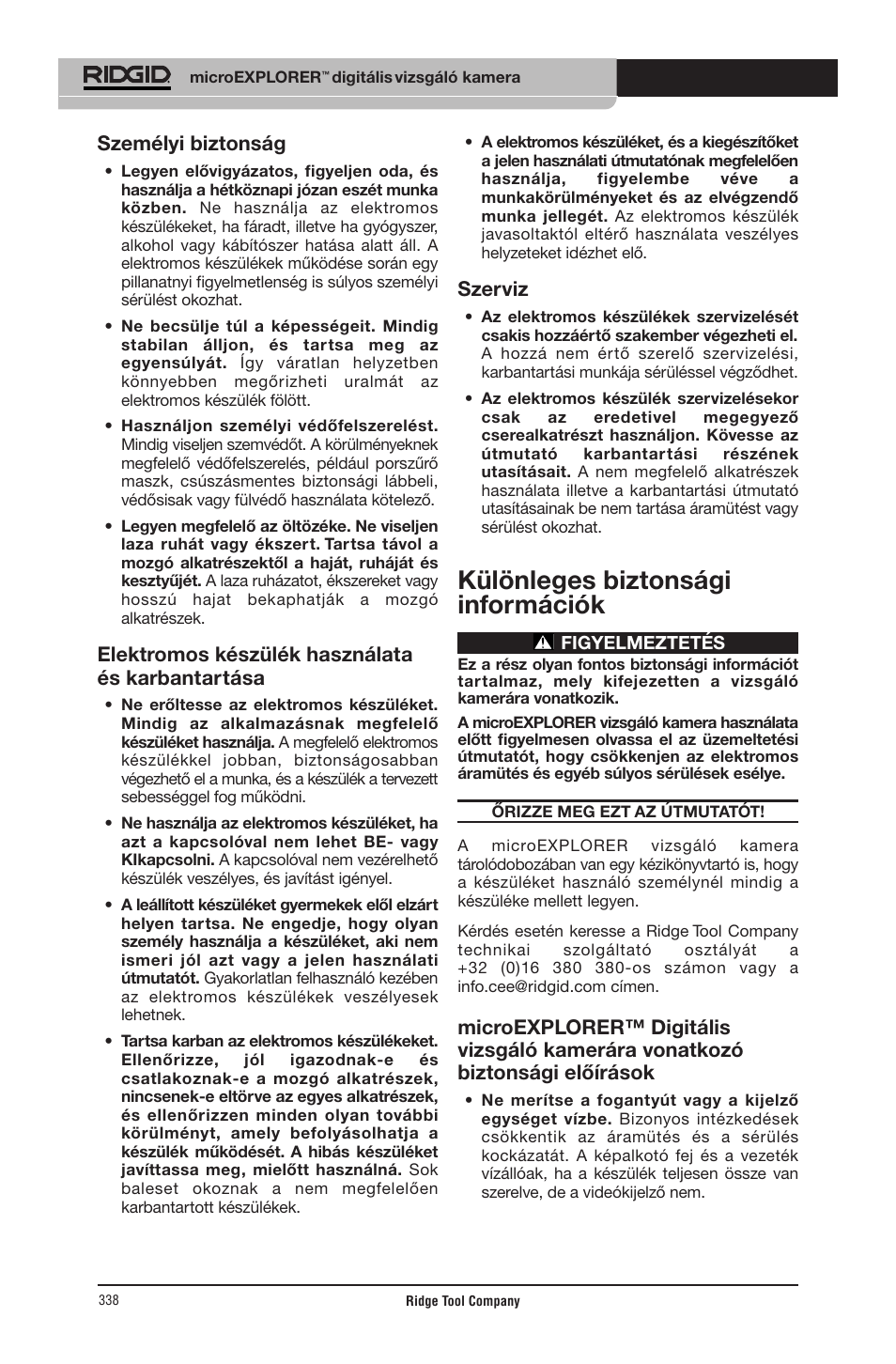 Különleges biztonsági információk, Személyi biztonság, Elektromos készülék használata és karbantartása | Szerviz | RIDGID micro EXPLORER User Manual | Page 326 / 449