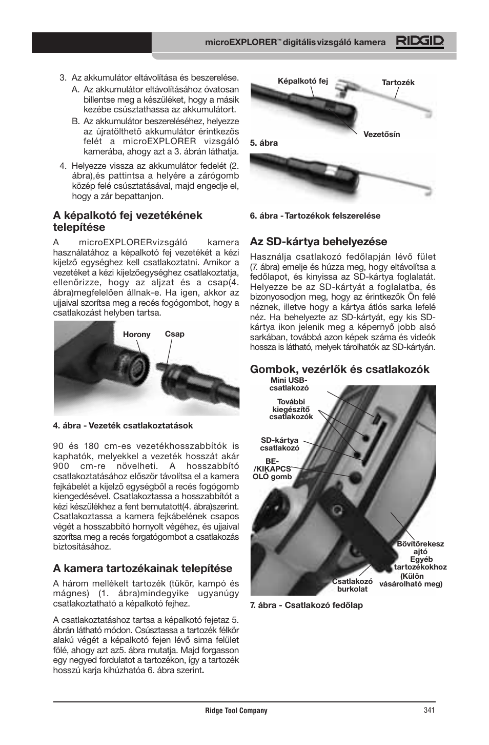 A képalkotó fej vezetékének telepítése, A kamera tartozékainak telepítése, Az sd-kártya behelyezése | Gombok, vezérlők és csatlakozók | RIDGID micro EXPLORER User Manual | Page 329 / 449