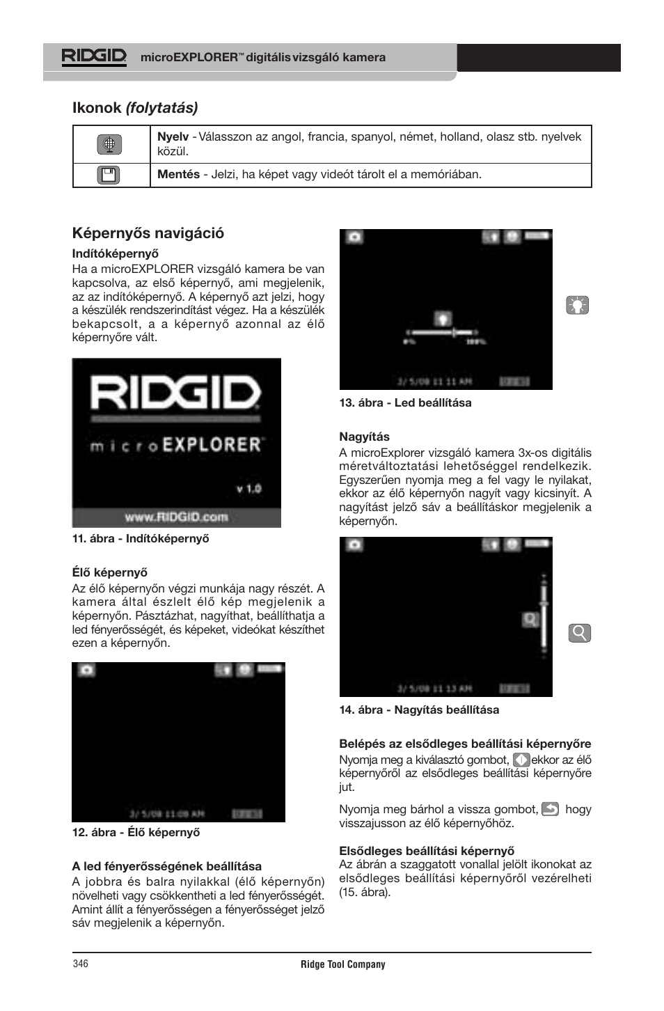 Képernyős navigáció, Ikonok (folytatás) | RIDGID micro EXPLORER User Manual | Page 334 / 449