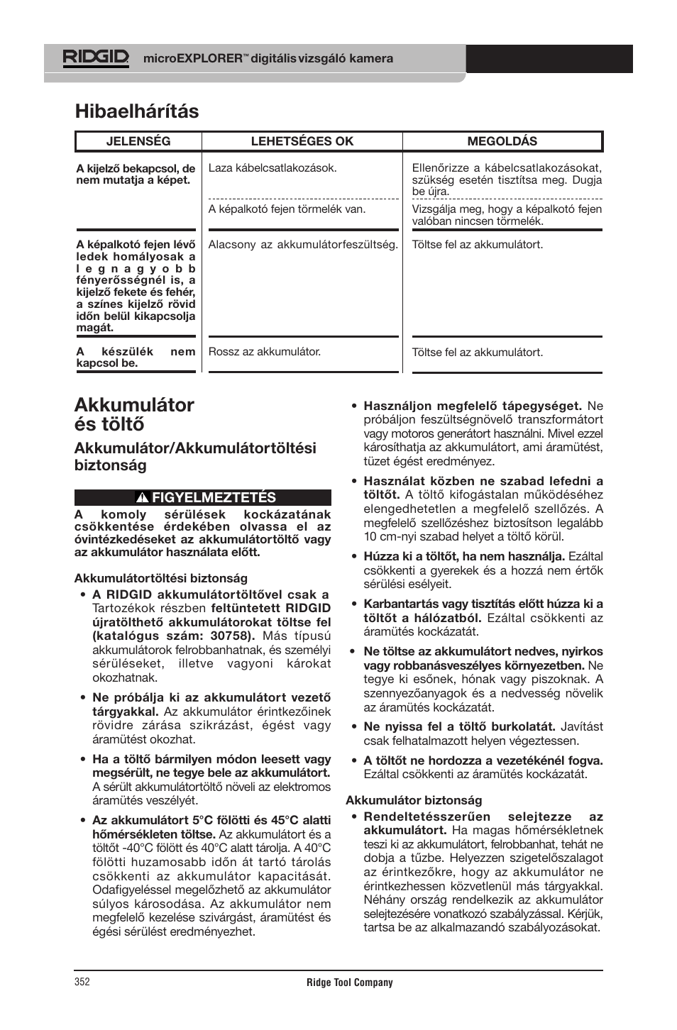 Akkumulátor és töltő, Hibaelhárítás, Akkumulátor/akkumulátortöltési biztonság | RIDGID micro EXPLORER User Manual | Page 340 / 449