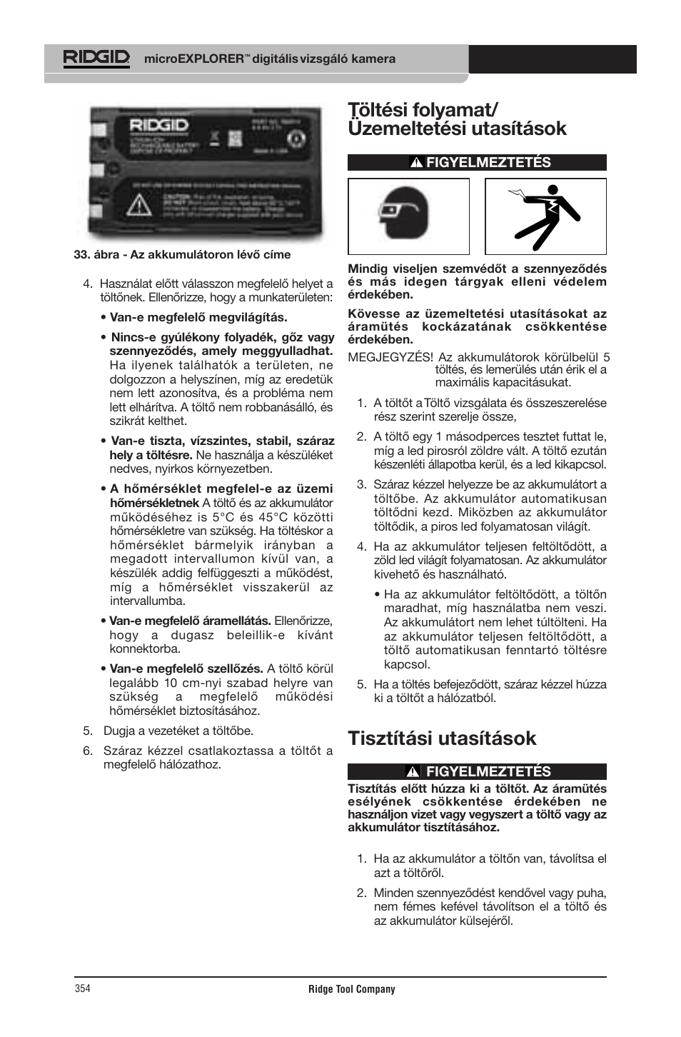 Töltési folyamat/ üzemeltetési utasítások, Tisztítási utasítások | RIDGID micro EXPLORER User Manual | Page 342 / 449