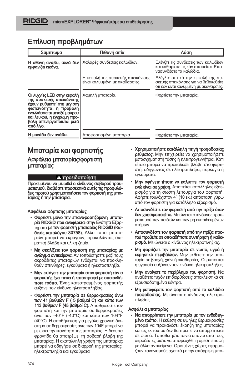 Μμππααττααρρίίαα κκααιι φφοορρττιισσττήήςς, Εεππίίλλυυσσηη ππρροοββλληημμάάττω ωνν | RIDGID micro EXPLORER User Manual | Page 361 / 449