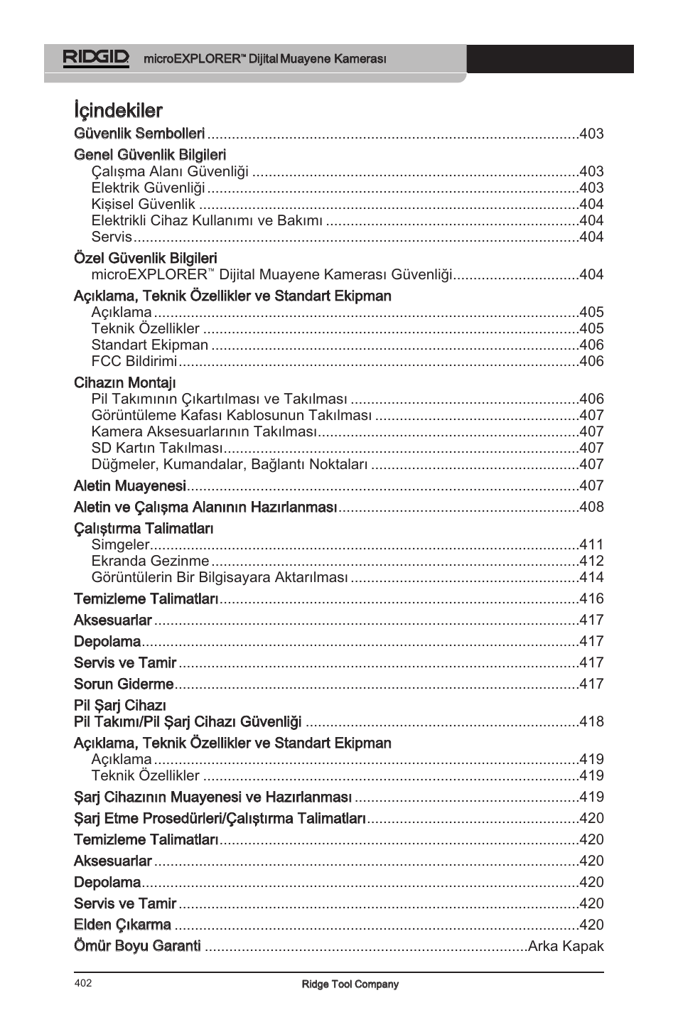 Iiççiinnddeekkiilleerr | RIDGID micro EXPLORER User Manual | Page 387 / 449