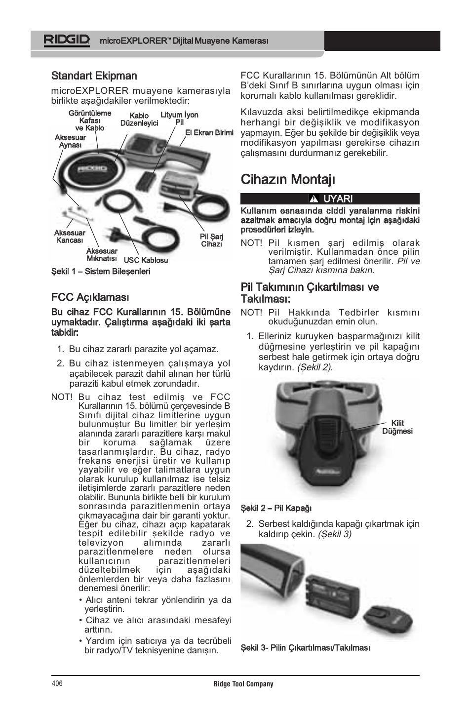 Cciihhaazzıınn m moonnttaajjıı, Ssttaannddaarrtt eekkiippm maann | RIDGID micro EXPLORER User Manual | Page 391 / 449