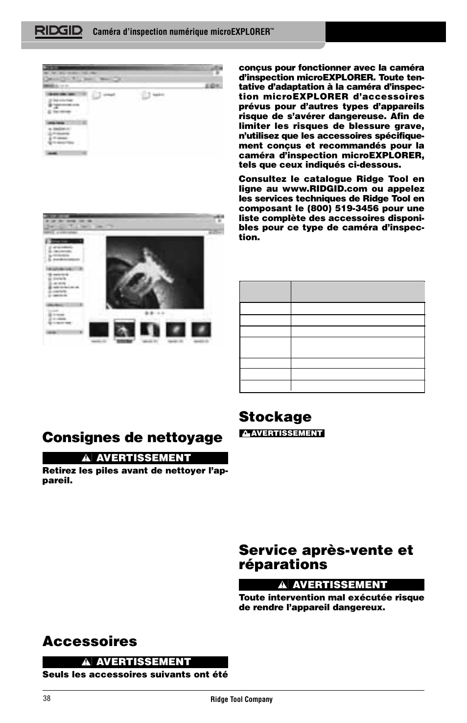 Consignes de nettoyage, Accessoires, Stockage | Service après-vente et réparations | RIDGID micro EXPLORER User Manual | Page 40 / 449