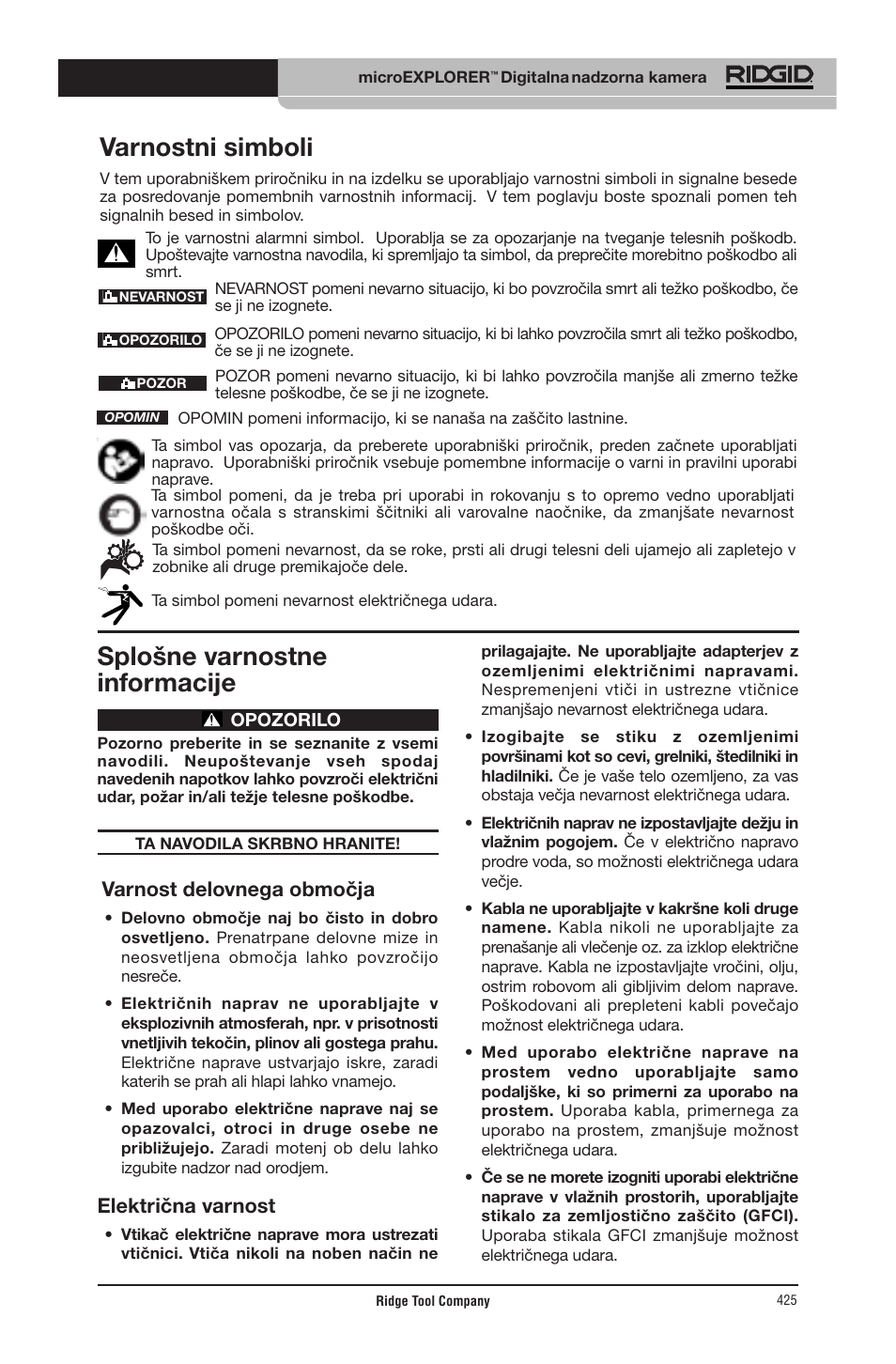 Splošne varnostne informacije, Varnostni simboli, Varnost delovnega območja | Električna varnost | RIDGID micro EXPLORER User Manual | Page 409 / 449