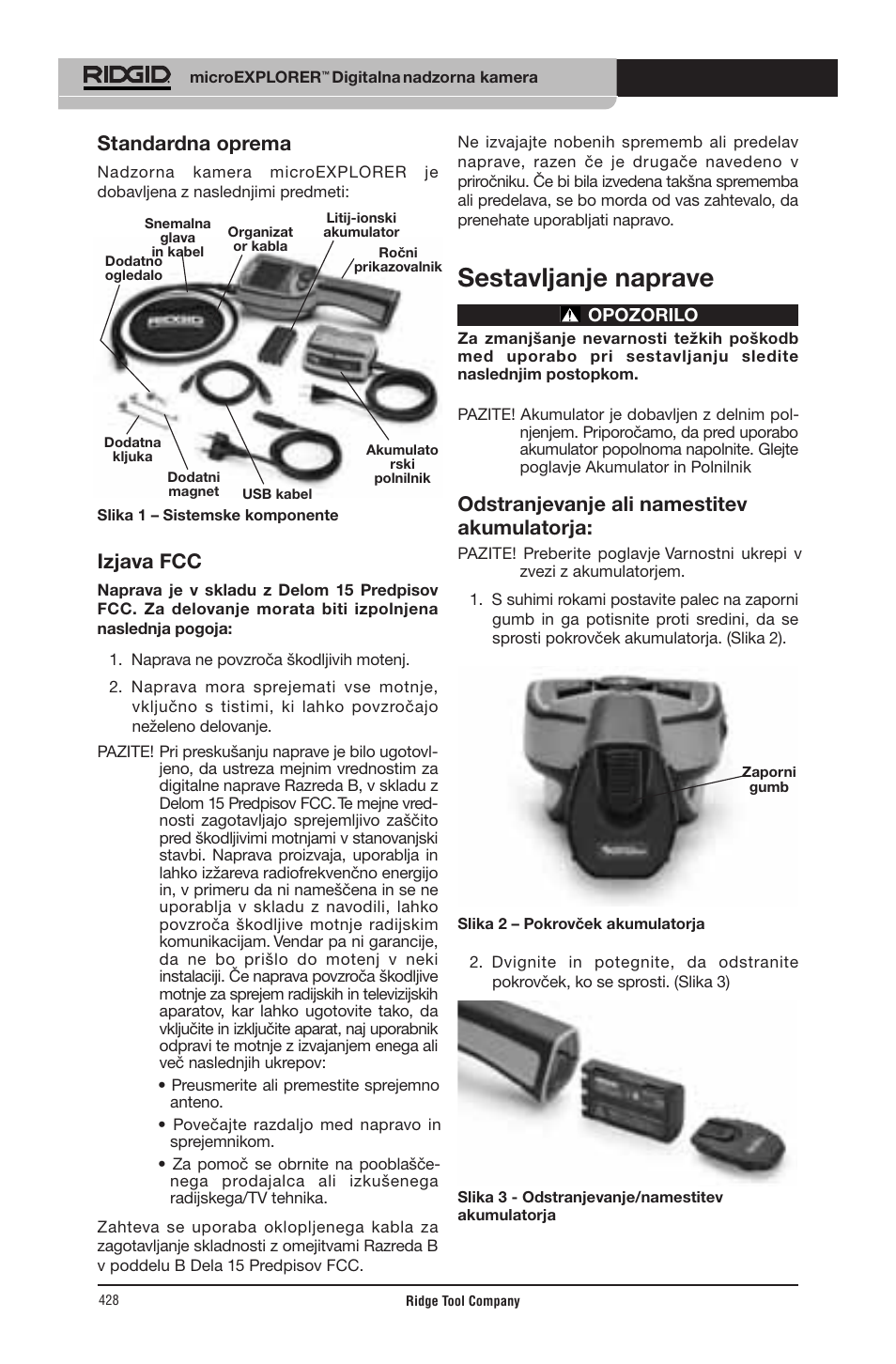 Sestavljanje naprave, Standardna oprema, Izjava fcc | Odstranjevanje ali namestitev akumulatorja | RIDGID micro EXPLORER User Manual | Page 412 / 449