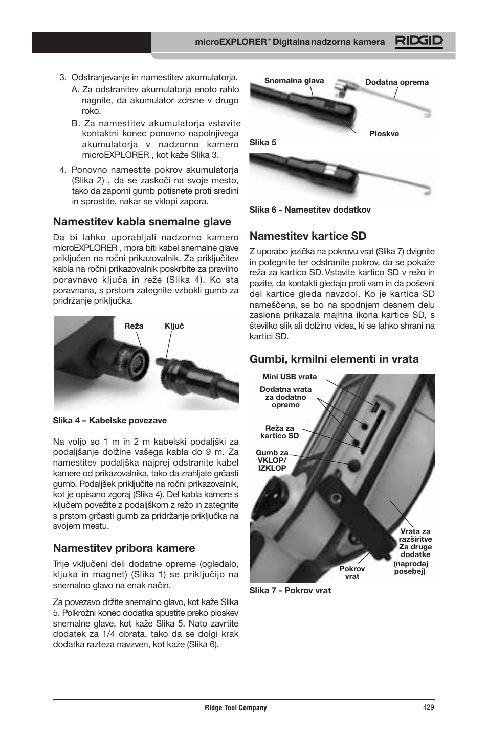 Namestitev kabla snemalne glave, Namestitev pribora kamere, Namestitev kartice sd | Gumbi, krmilni elementi in vrata | RIDGID micro EXPLORER User Manual | Page 413 / 449