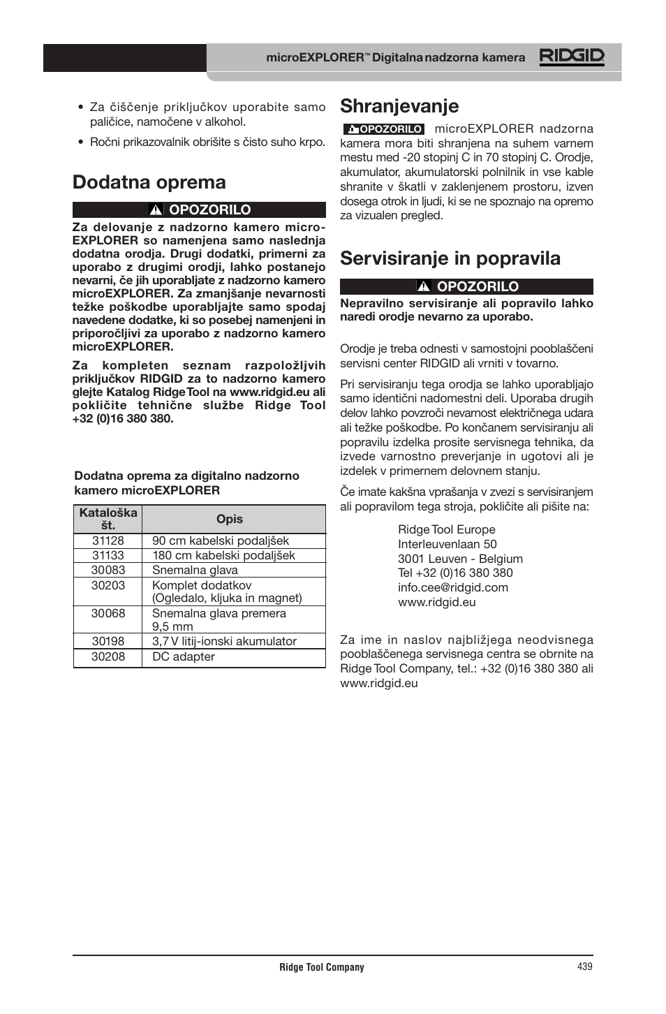 Dodatna oprema, Shranjevanje, Servisiranje in popravila | RIDGID micro EXPLORER User Manual | Page 423 / 449