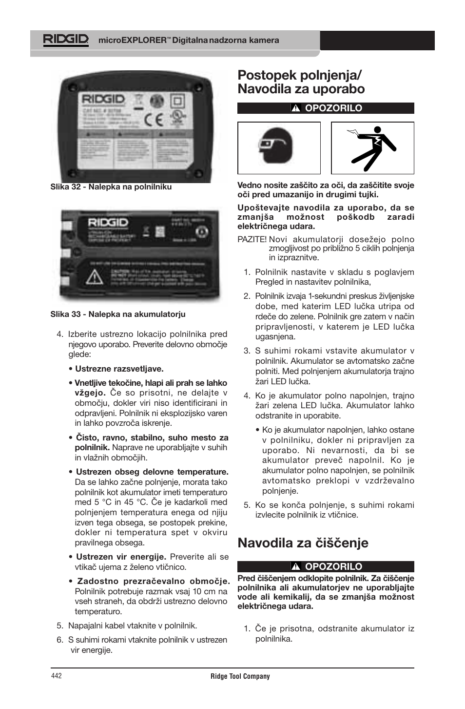 Postopek polnjenja/ navodila za uporabo, Navodila za čiščenje | RIDGID micro EXPLORER User Manual | Page 426 / 449