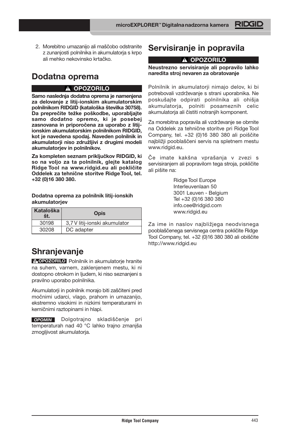 Dodatna oprema, Shranjevanje, Servisiranje in popravila | RIDGID micro EXPLORER User Manual | Page 427 / 449