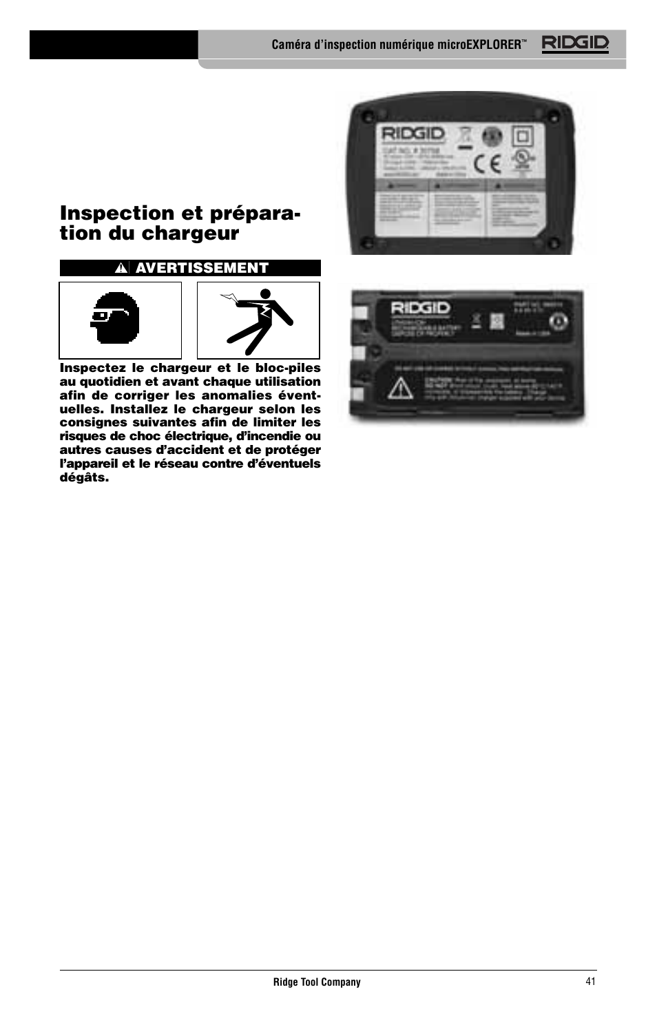 Inspection et prépara- tion du chargeur | RIDGID micro EXPLORER User Manual | Page 43 / 449