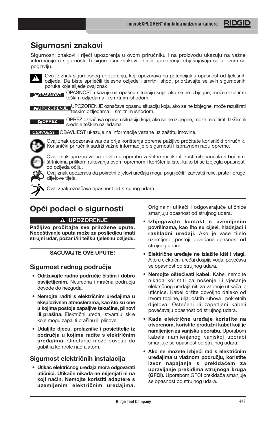 Opći podaci o sigurnosti, Sigurnosni znakovi, Sigurnost radnog područja | Sigurnost električnih instalacija | RIDGID micro EXPLORER User Manual | Page 430 / 449