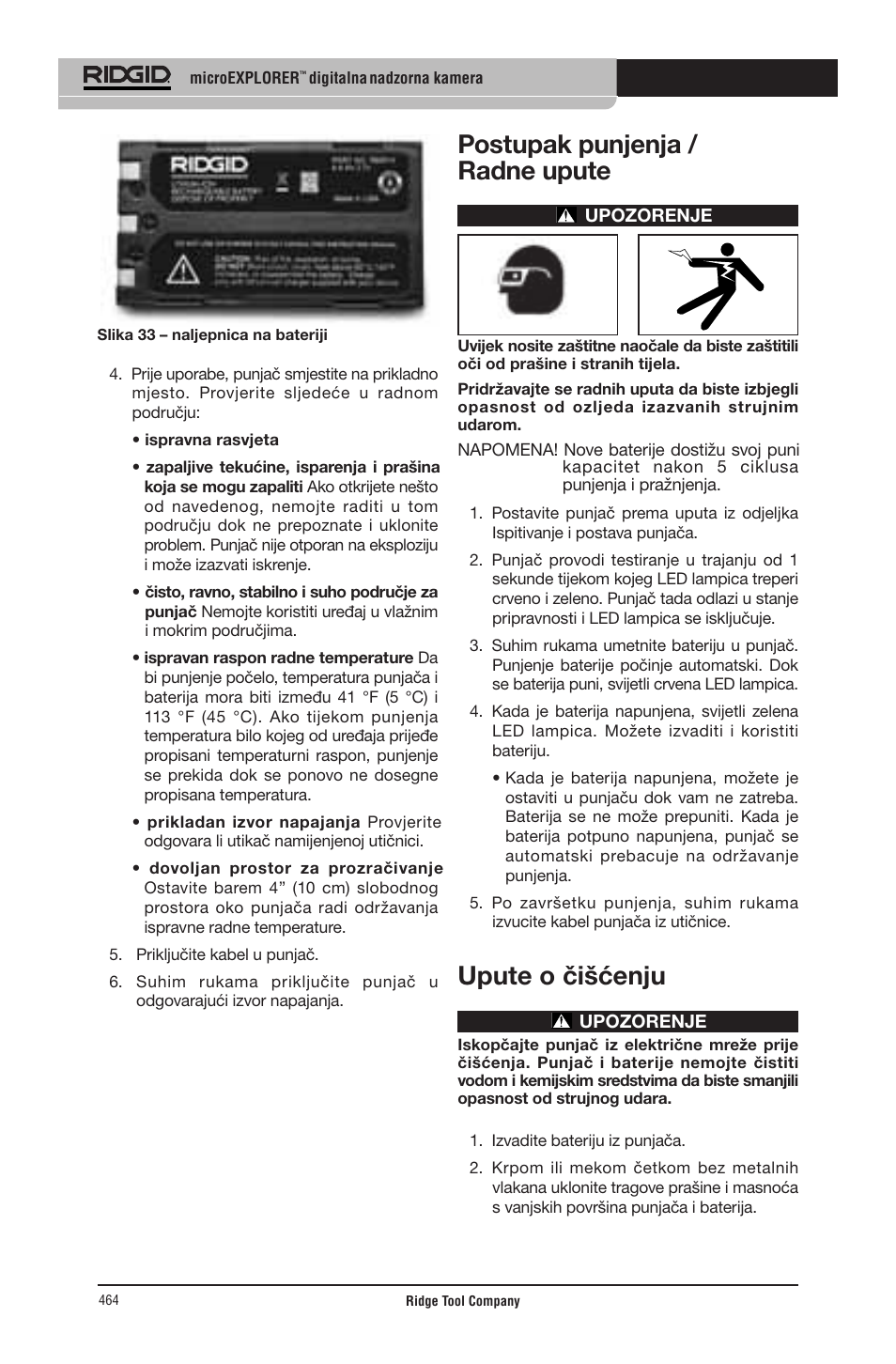 Postupak punjenja / radne upute, Upute o čišćenju | RIDGID micro EXPLORER User Manual | Page 447 / 449