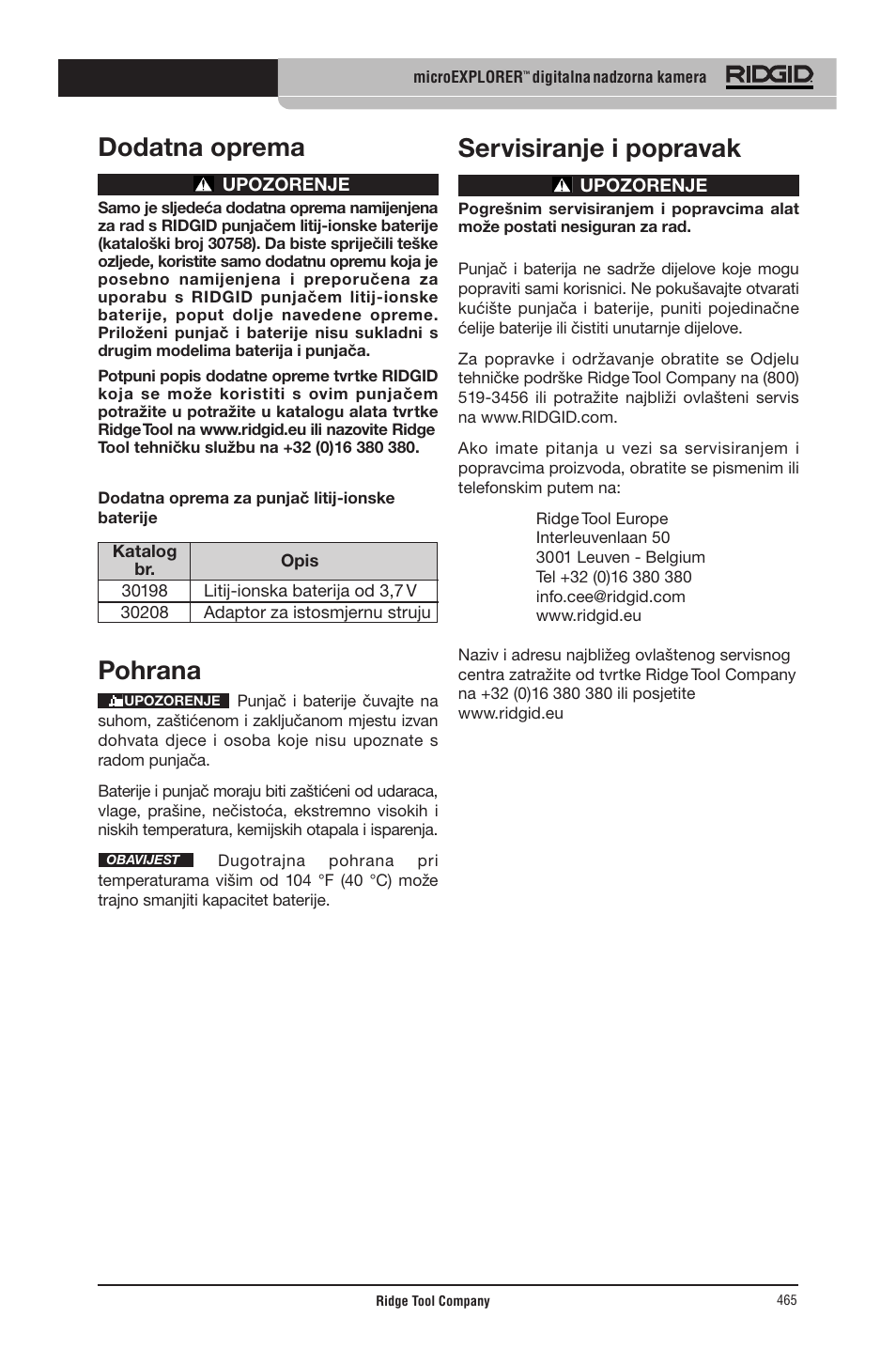 Dodatna oprema, Pohrana, Servisiranje i popravak | RIDGID micro EXPLORER User Manual | Page 448 / 449