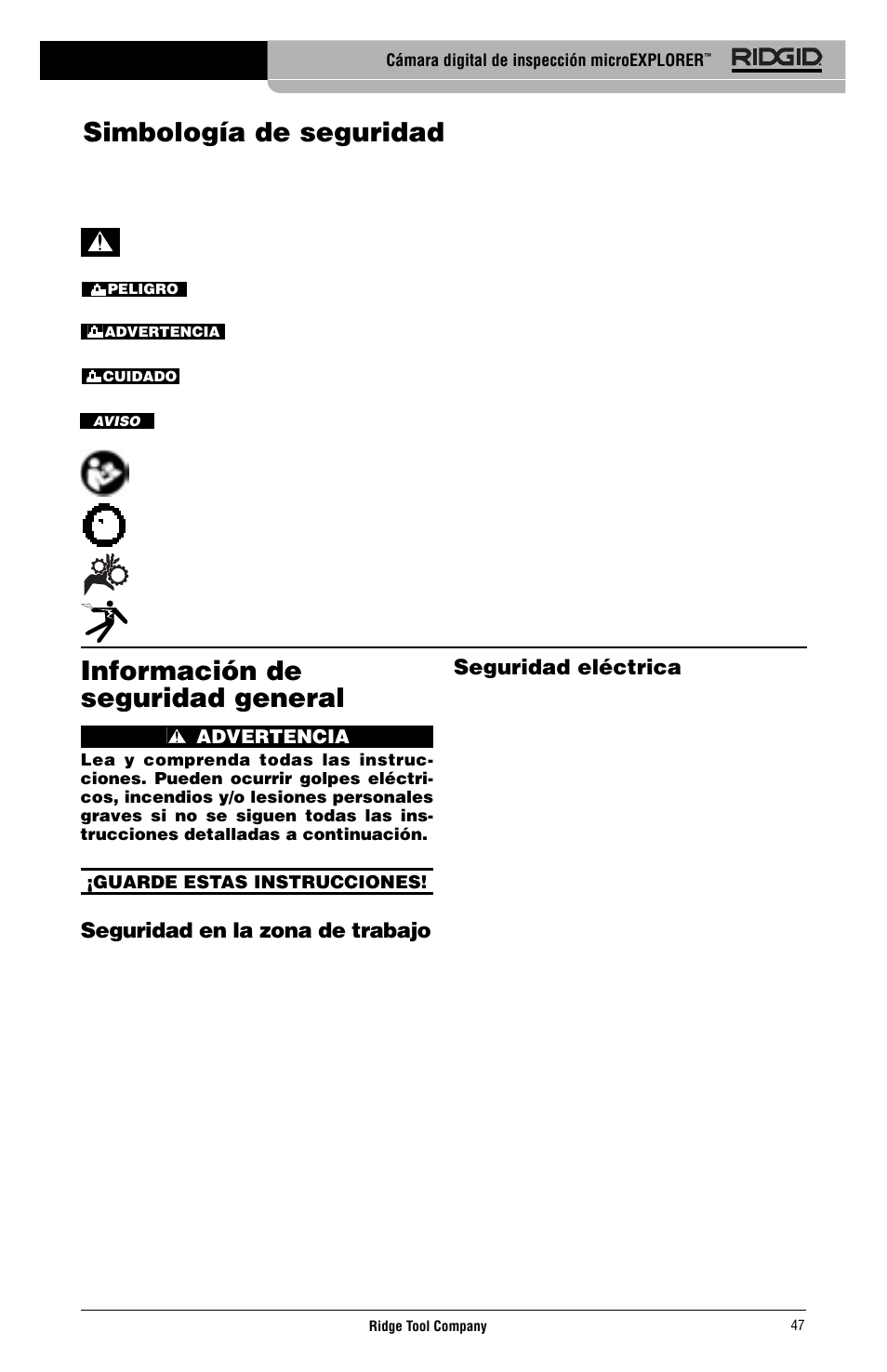 Información de seguridad general, Simbología de seguridad | RIDGID micro EXPLORER User Manual | Page 48 / 449