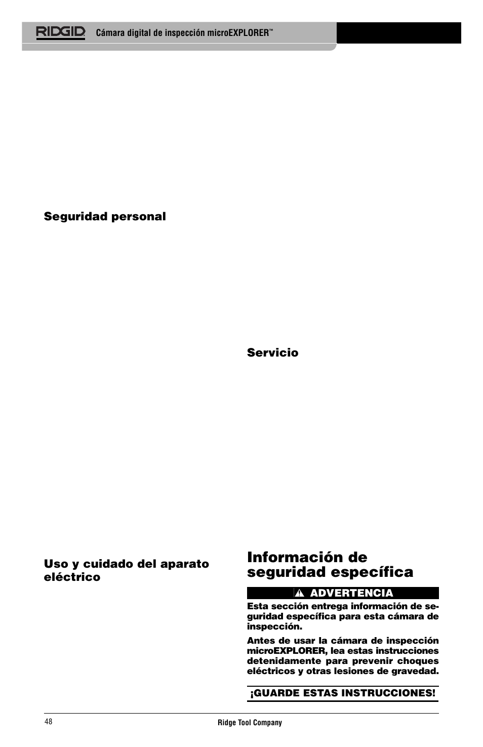 Información de seguridad específica | RIDGID micro EXPLORER User Manual | Page 49 / 449