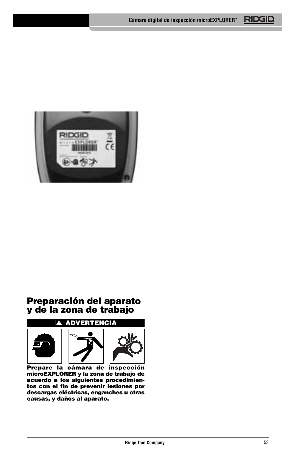 Preparación del aparato y de la zona de trabajo | RIDGID micro EXPLORER User Manual | Page 54 / 449