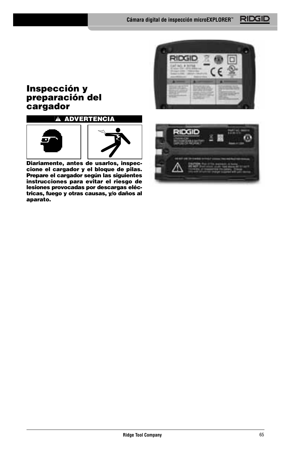 Inspección y preparación del cargador | RIDGID micro EXPLORER User Manual | Page 66 / 449