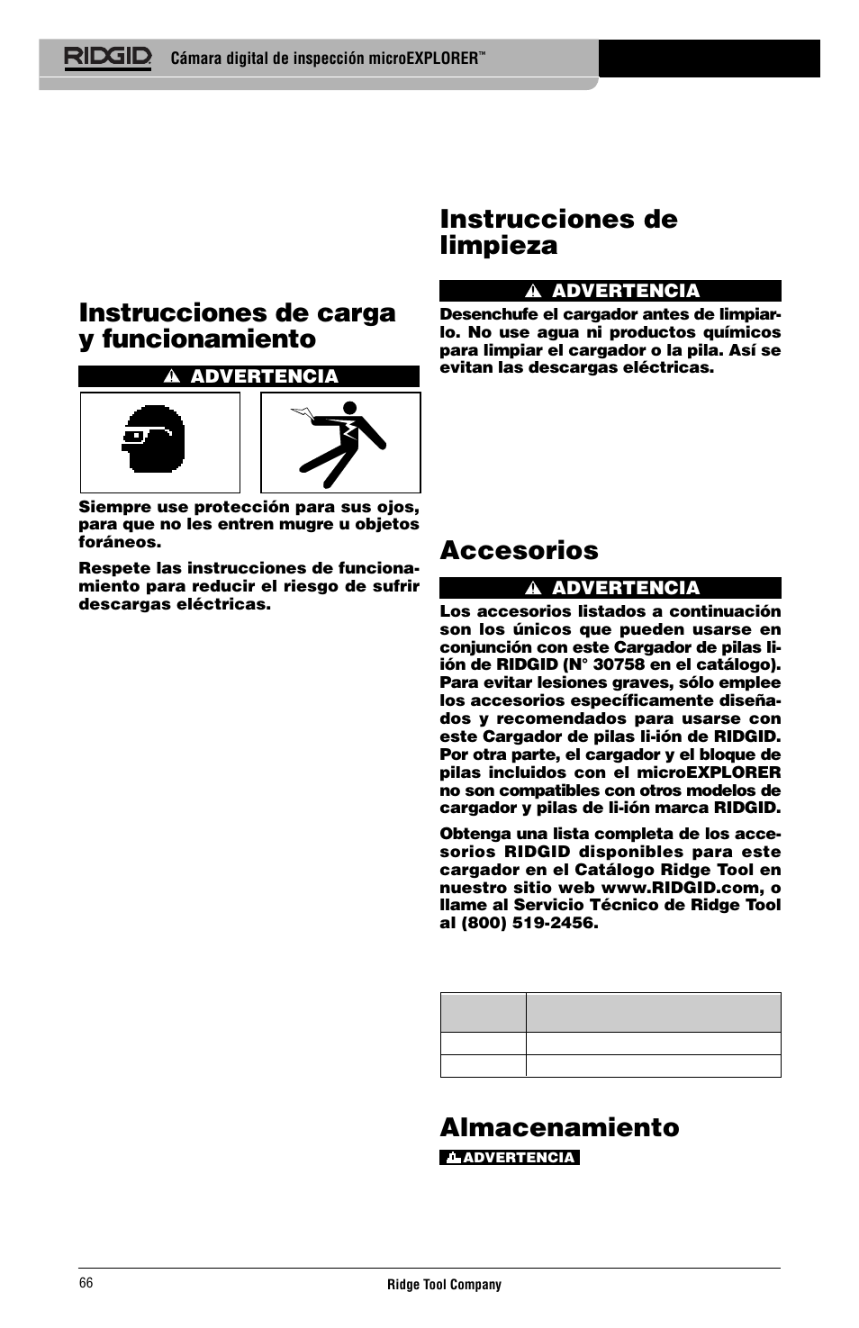 Instrucciones de carga y funcionamiento, Instrucciones de limpieza, Accesorios | Almacenamiento | RIDGID micro EXPLORER User Manual | Page 67 / 449