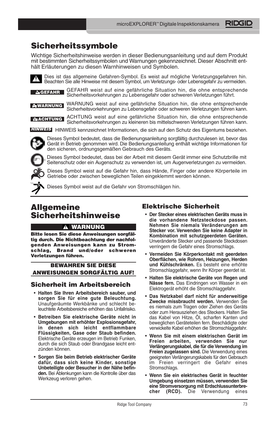 Allgemeine sicherheitshinweise, Sicherheitssymbole, Sicherheit im arbeitsbereich | Elektrische sicherheit | RIDGID micro EXPLORER User Manual | Page 72 / 449