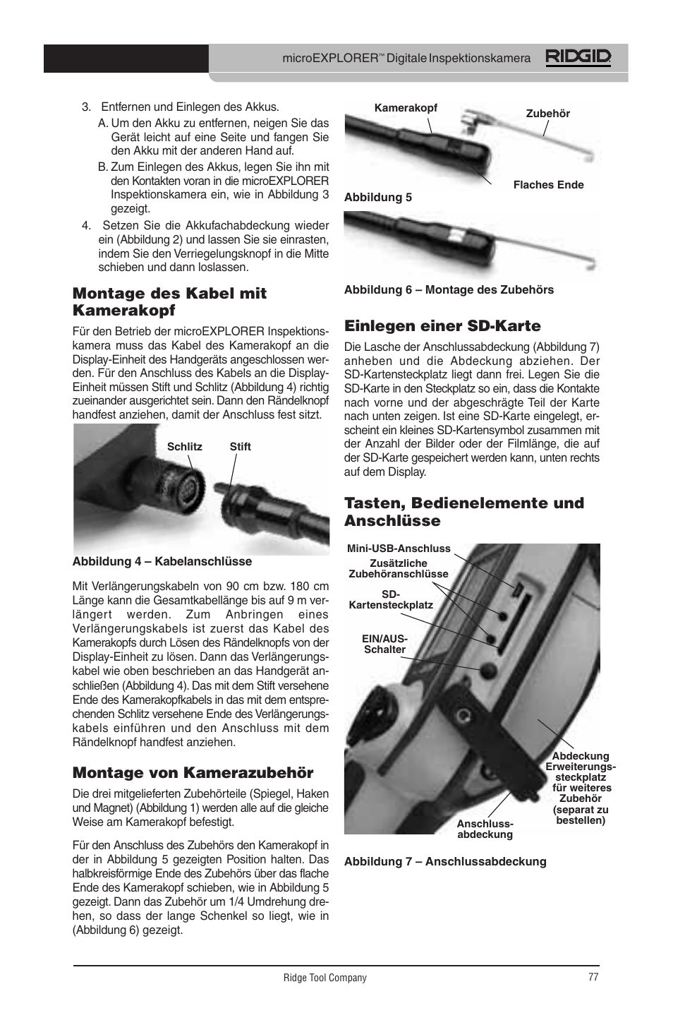 Montage des kabel mit kamerakopf, Montage von kamerazubehör, Einlegen einer sd-karte | Tasten, bedienelemente und anschlüsse | RIDGID micro EXPLORER User Manual | Page 76 / 449