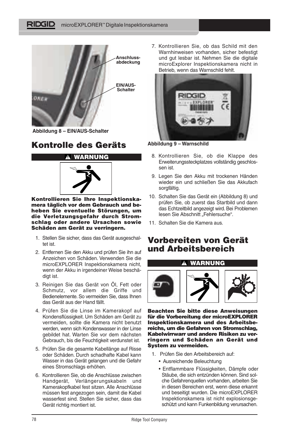 Kontrolle des geräts, Vorbereiten von gerät und arbeitsbereich | RIDGID micro EXPLORER User Manual | Page 77 / 449