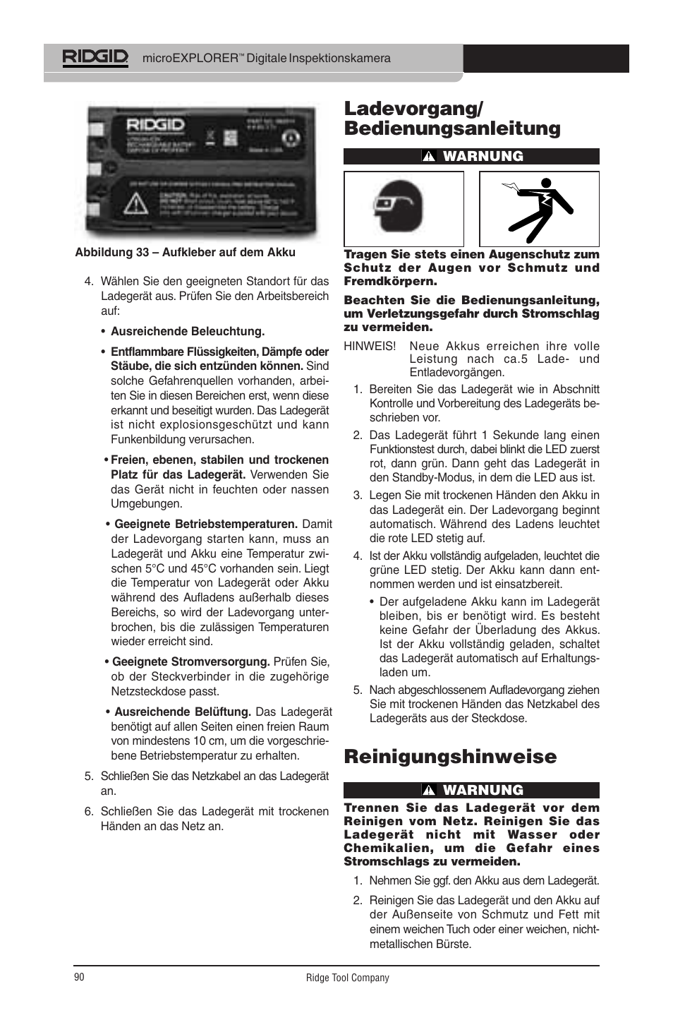 Ladevorgang/ bedienungsanleitung, Reinigungshinweise | RIDGID micro EXPLORER User Manual | Page 89 / 449