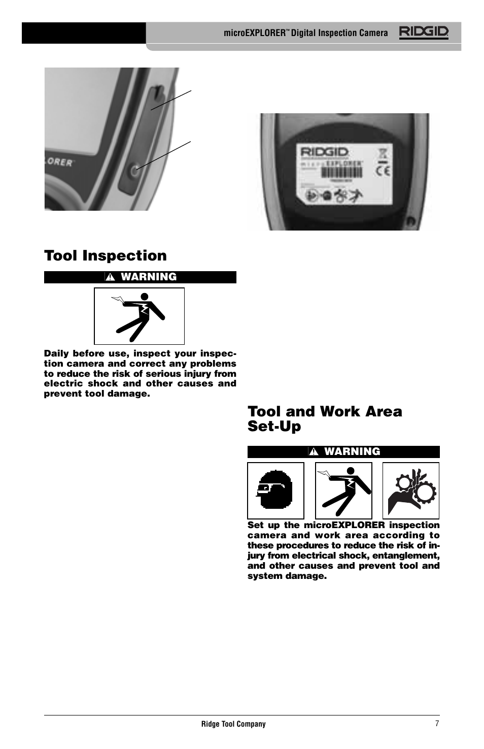 Tool inspection, Tool and work area set-up | RIDGID micro EXPLORER User Manual | Page 9 / 449