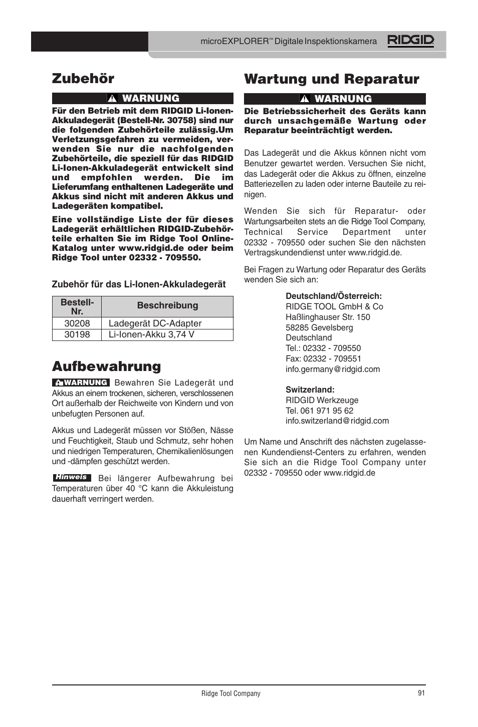 Zubehör, Aufbewahrung, Wartung und reparatur | RIDGID micro EXPLORER User Manual | Page 90 / 449