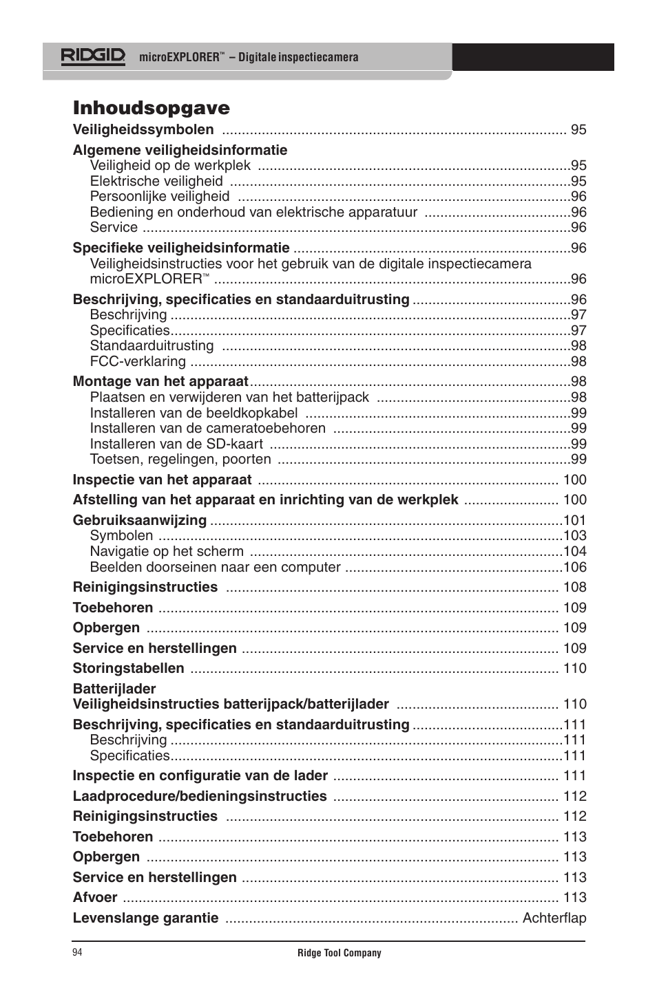 Inhoudsopgave | RIDGID micro EXPLORER User Manual | Page 92 / 449