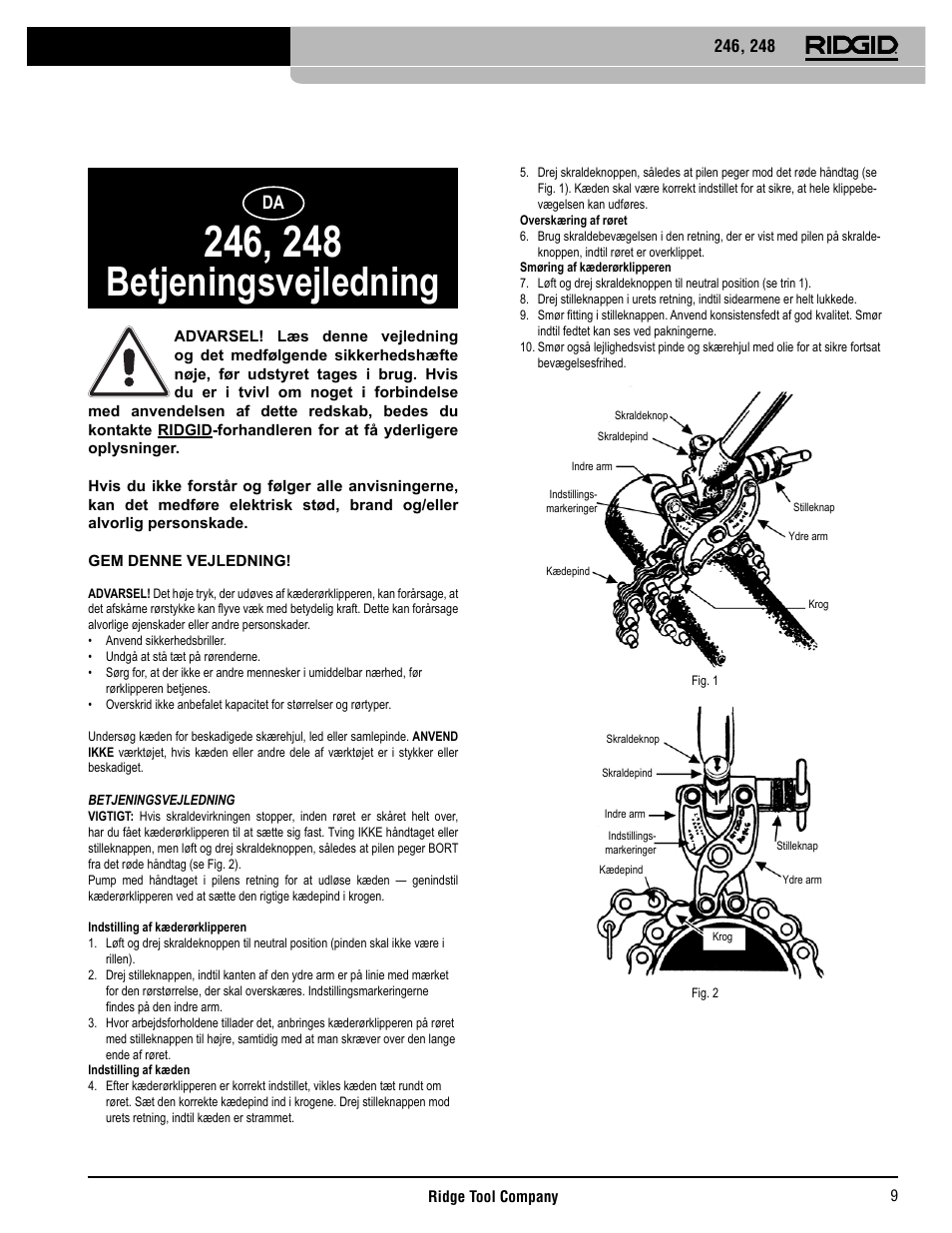 Betjeningsvejledning | RIDGID 248 User Manual | Page 10 / 21