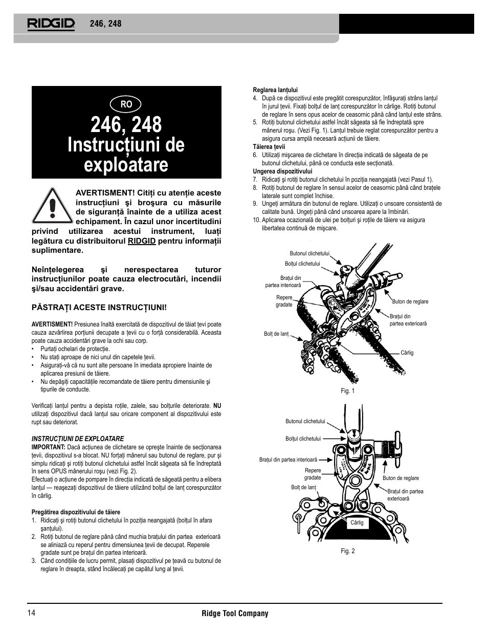 Instrucţiuni de exploatare | RIDGID 248 User Manual | Page 15 / 21