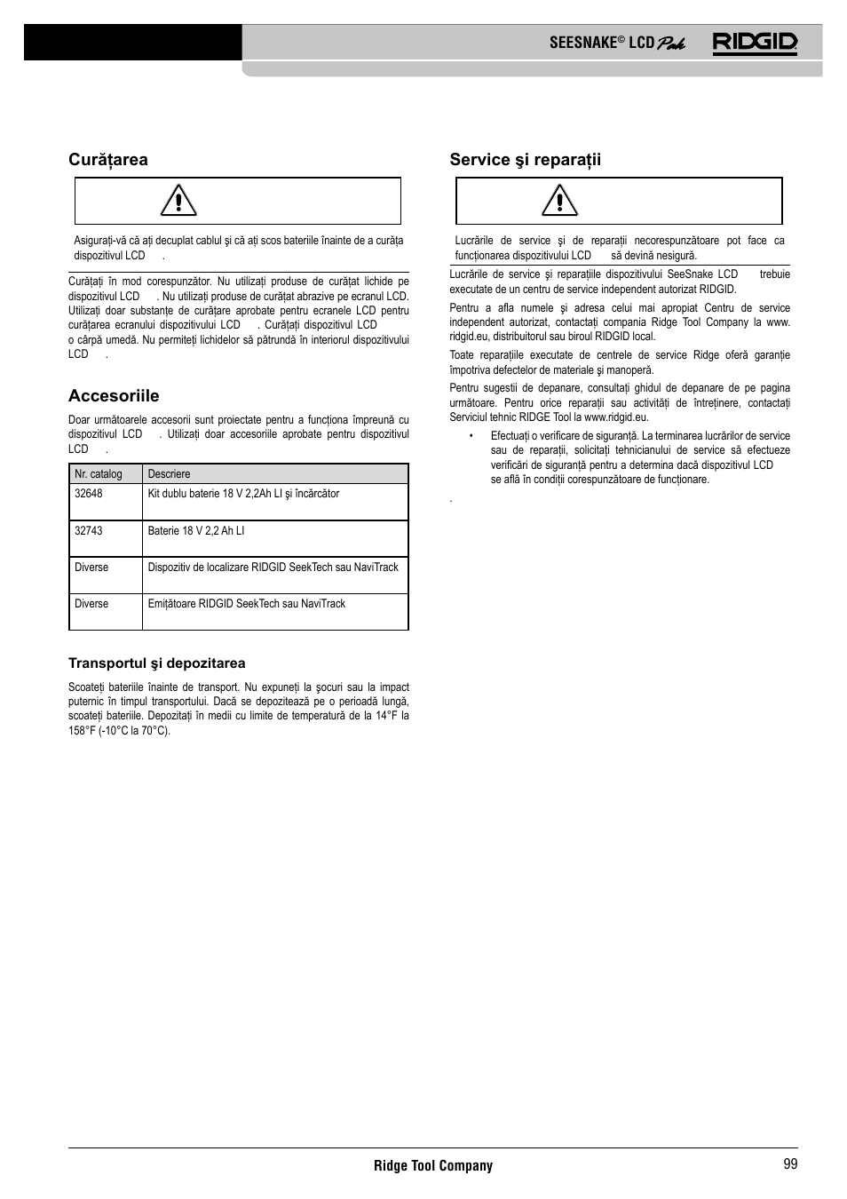 Curăţarea, Accesoriile, Service şi reparaţii | Seesnake | RIDGID Seesnake LCD Pak User Manual | Page 101 / 164