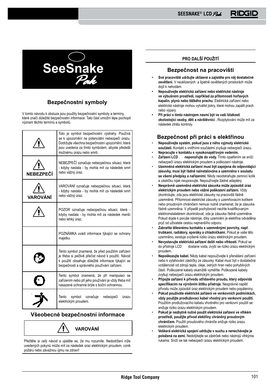 Seesnake, Bezpečnost na pracovišti, Bezpečnost při práci s elektřinou | Bezpečnostní symboly, Všeobecné bezpečnostní informace | RIDGID Seesnake LCD Pak User Manual | Page 103 / 164