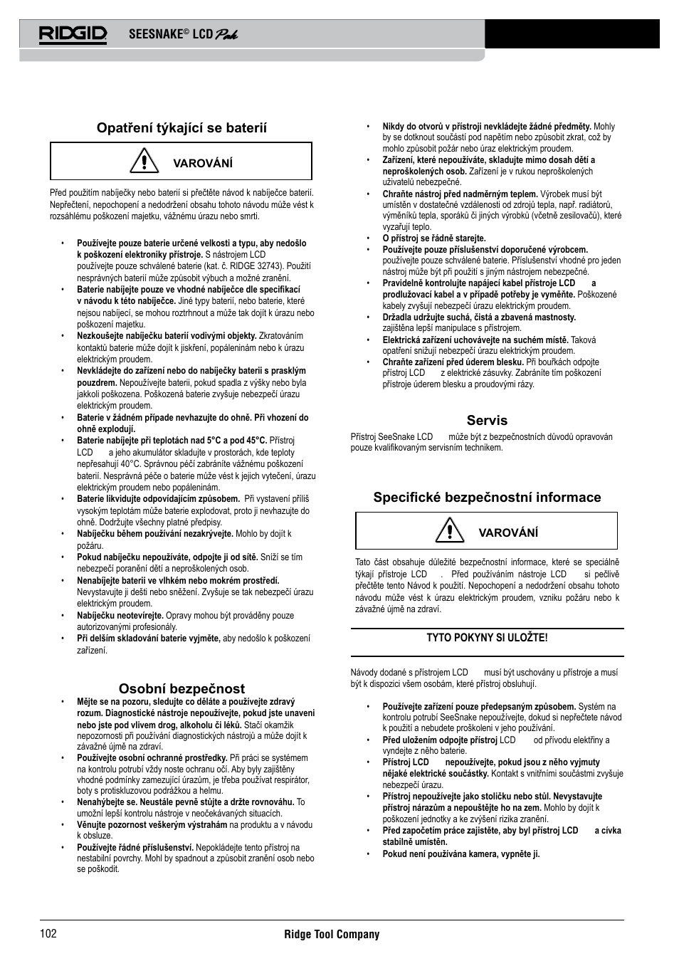 Opatření týkající se baterií, Osobní bezpečnost, Servis | Specifické bezpečnostní informace, Seesnake | RIDGID Seesnake LCD Pak User Manual | Page 104 / 164