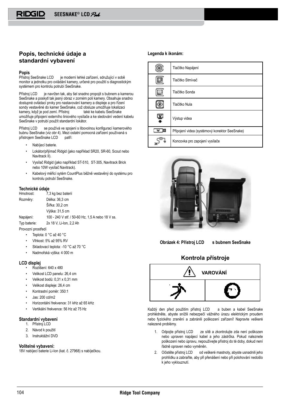 Popis, technické údaje a standardní vybavení, Kontrola přístroje, Seesnake | RIDGID Seesnake LCD Pak User Manual | Page 106 / 164