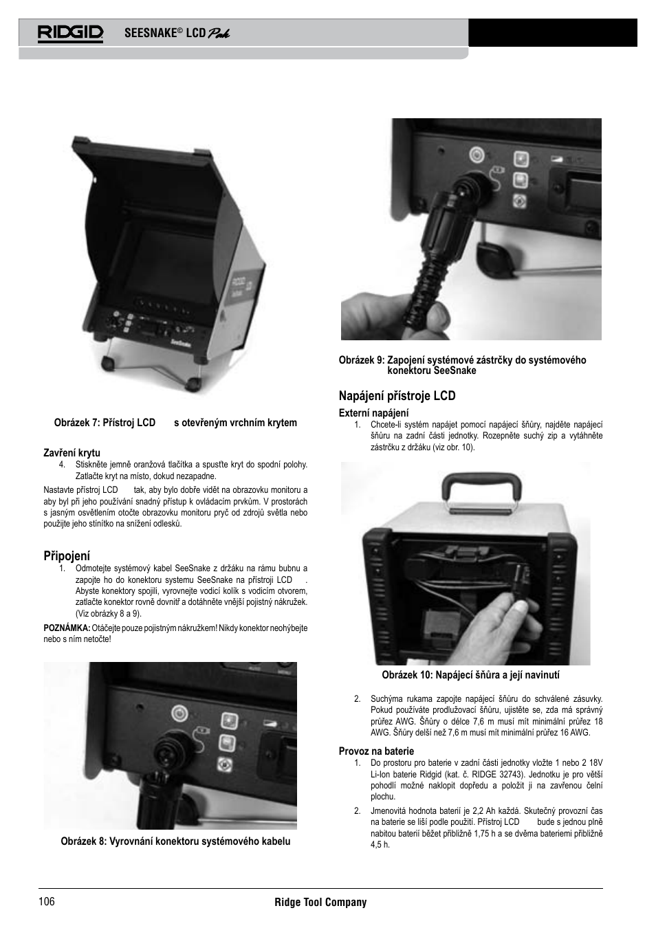 Připojení, Napájení přístroje lcd pak, Seesnake | RIDGID Seesnake LCD Pak User Manual | Page 108 / 164