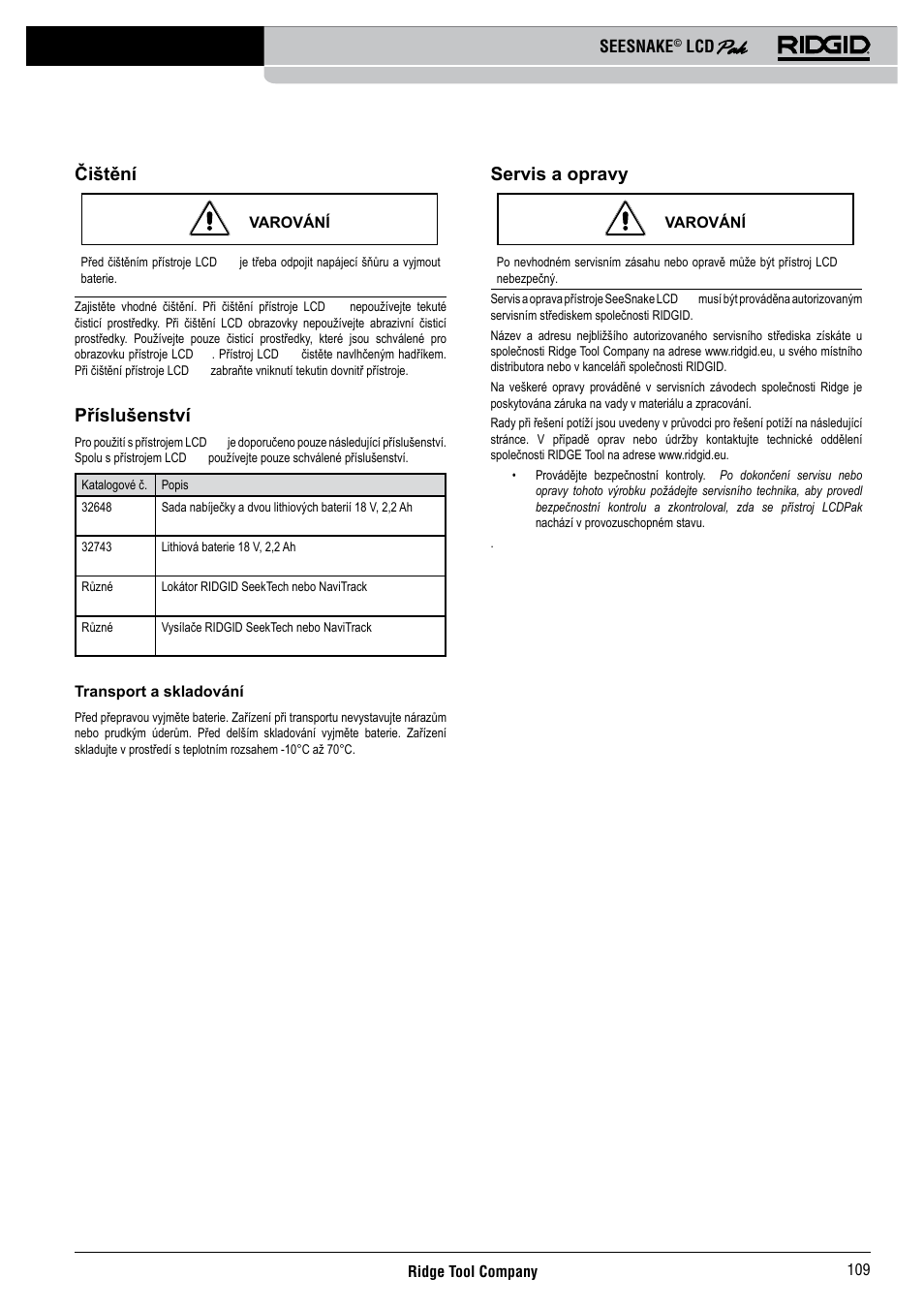 Čištění, Příslušenství, Servis a opravy | RIDGID Seesnake LCD Pak User Manual | Page 111 / 164