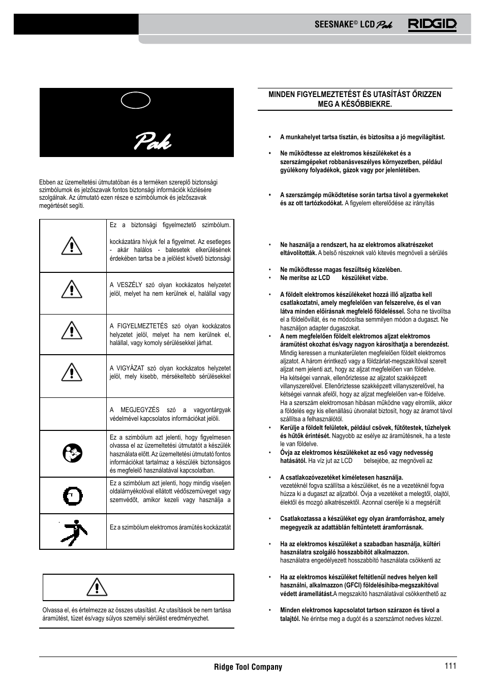 Seesnake, Munkaterület biztonsága, Biztonsági jelölések | Általános biztonsági információk | RIDGID Seesnake LCD Pak User Manual | Page 113 / 164