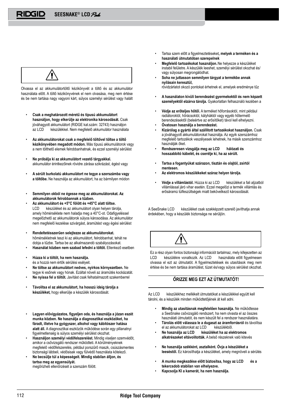 Az akkumulátorral kapcsolatos óvintézkedések, Személyi biztonság, Szervizelés | Különleges biztonsági információk, Seesnake | RIDGID Seesnake LCD Pak User Manual | Page 114 / 164