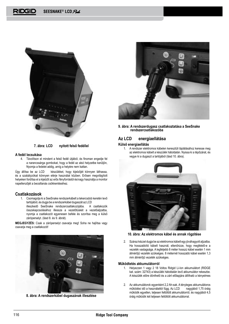 Csatlakozások, Az lcd pak energiaellátása, Seesnake | RIDGID Seesnake LCD Pak User Manual | Page 118 / 164