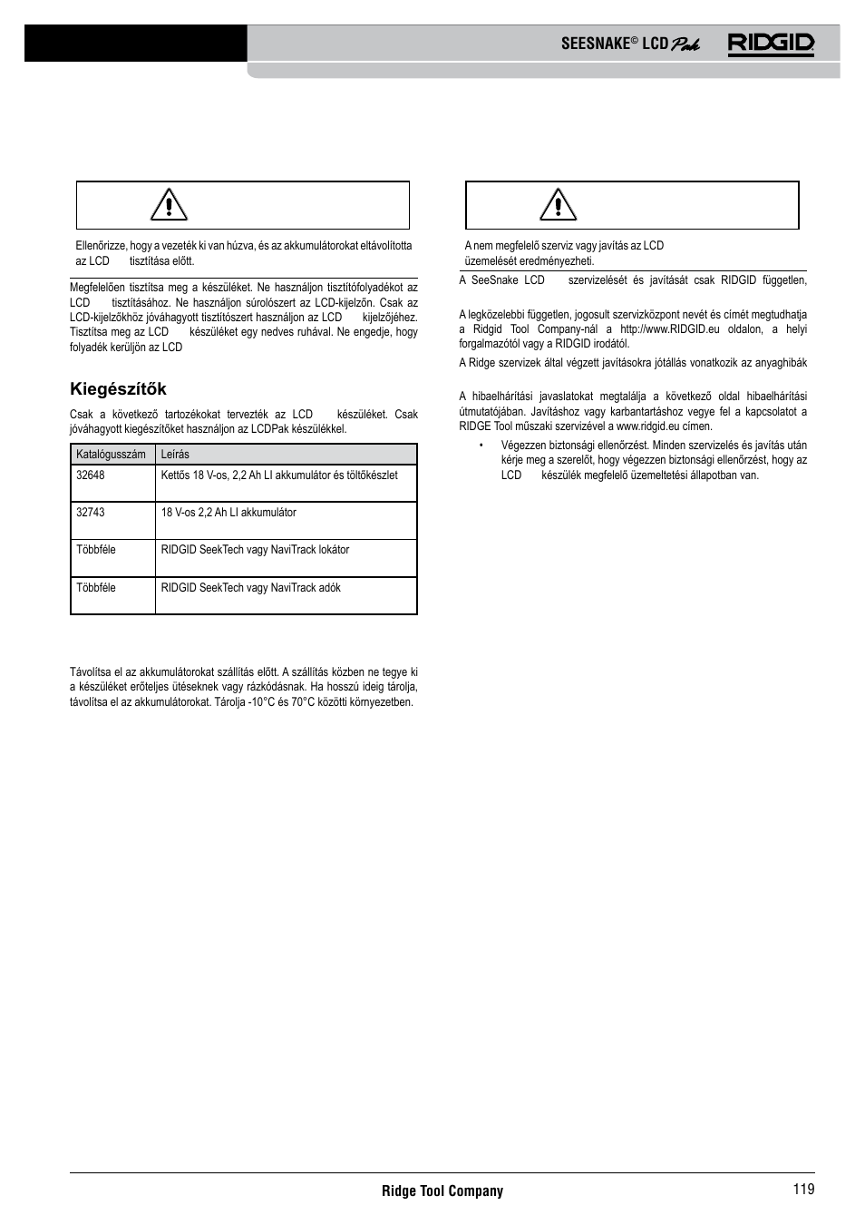 Tisztítás, Kiegészítők, Szerviz és javítás | RIDGID Seesnake LCD Pak User Manual | Page 121 / 164