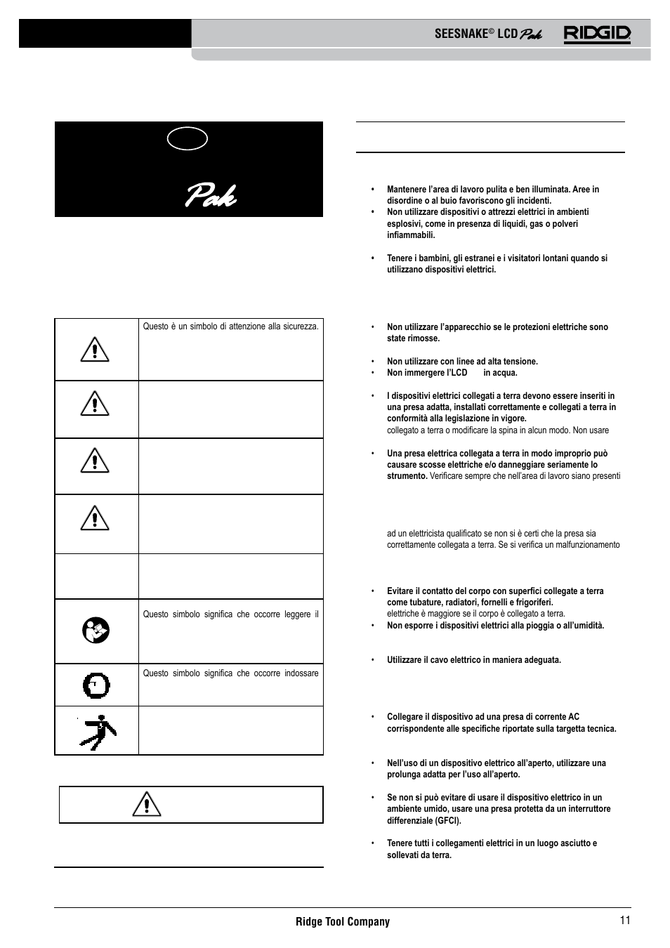 Seesnake, Sicurezza nell’area di lavoro, Sicurezza elettrica | Simboli di sicurezza, Informazioni di sicurezza generali | RIDGID Seesnake LCD Pak User Manual | Page 13 / 164