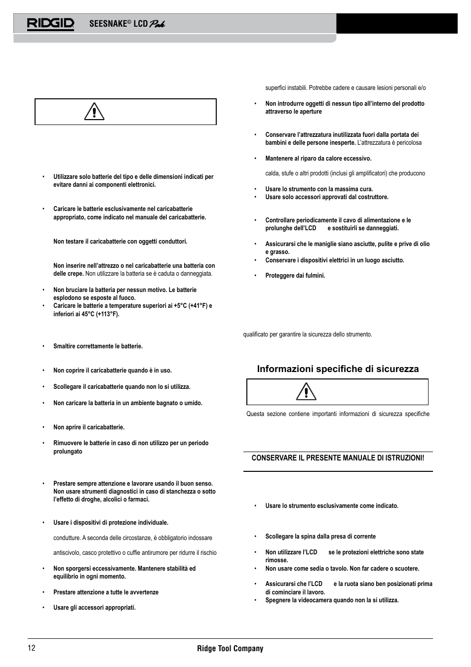 Precauzioni sulle batterie, Sicurezza individuale, Manutenzione | Informazioni specifiche di sicurezza, Seesnake | RIDGID Seesnake LCD Pak User Manual | Page 14 / 164