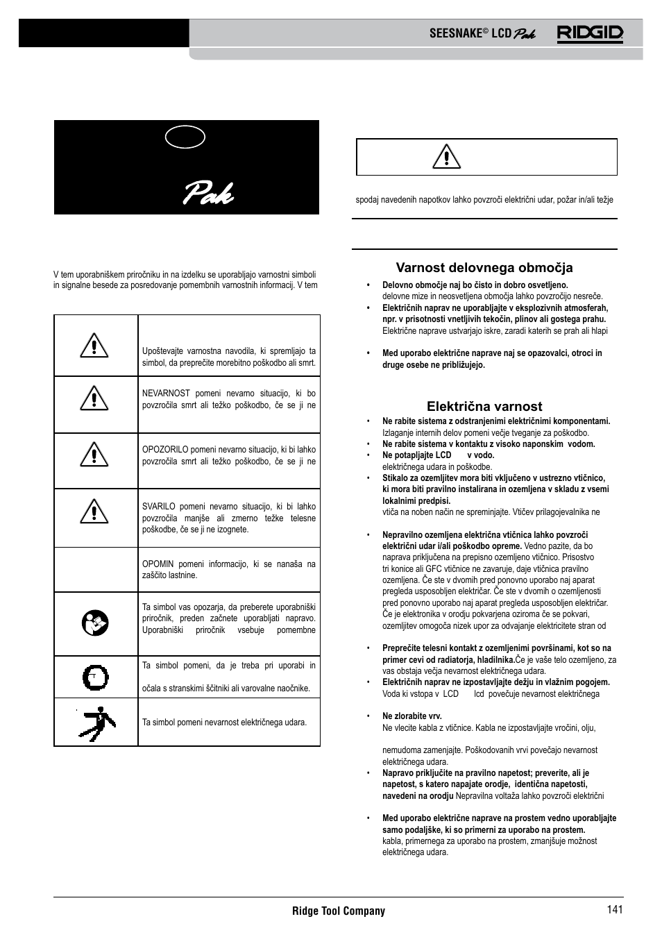 Seesnake, Splošne varnostne informacije, Varnost delovnega območja | Električna varnost, Varnostni simboli | RIDGID Seesnake LCD Pak User Manual | Page 143 / 164