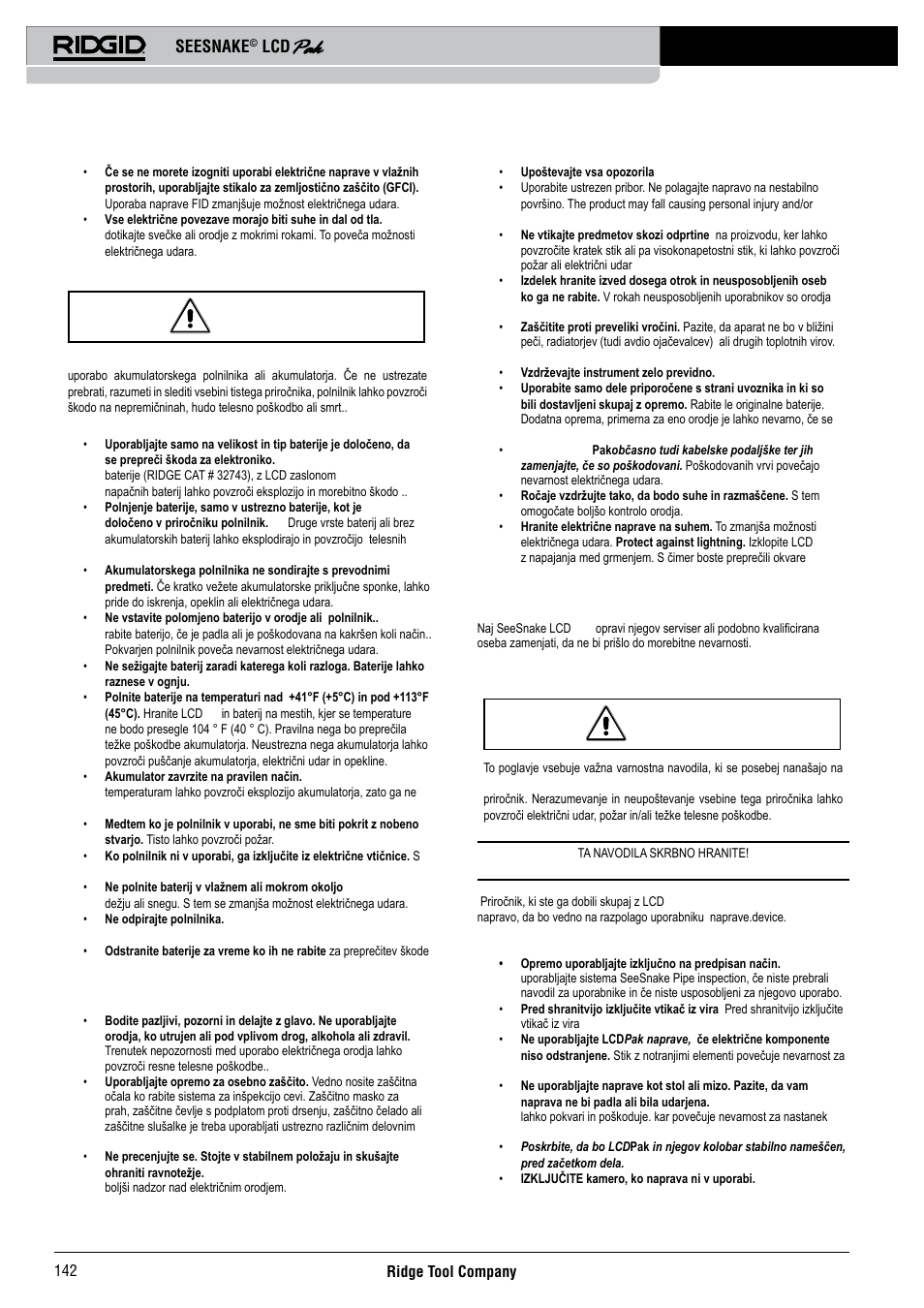 Baterije - opozorila, Osebna varnost, Servisiranje | Posebne varnostne informacije, Seesnake | RIDGID Seesnake LCD Pak User Manual | Page 144 / 164